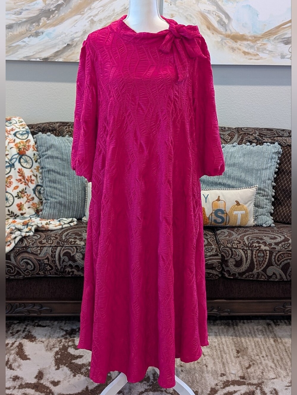 Fuchsia Tie-Neck Textured Dress